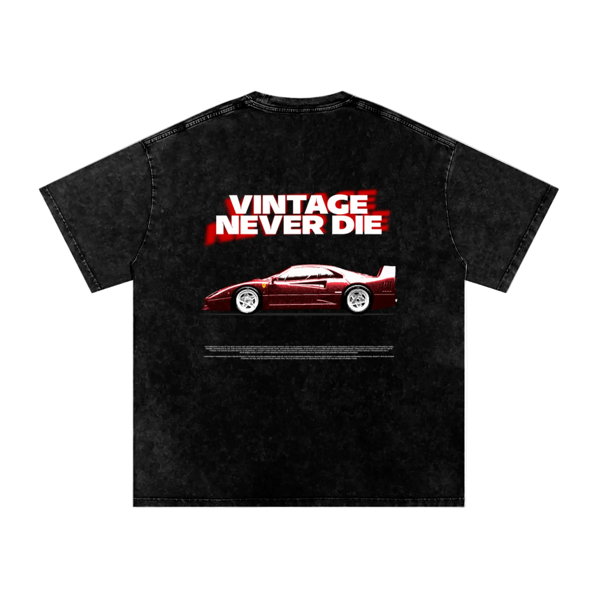 A black acid-wash t-shirt featuring a graphic print of a red sports car and the text 'VINTAGE NEVER DIE' in white and red, displayed on a solid white background.